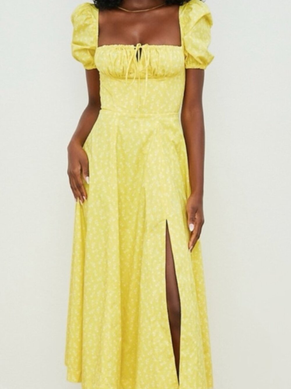 House of CB Yellow floral puff sleeve midi dress
